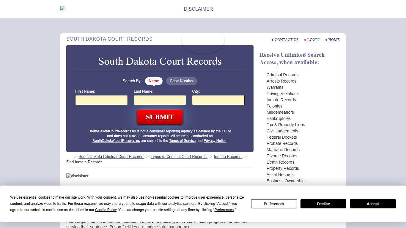 South Dakota Inmate Search SouthDakotaCourtRecords.us